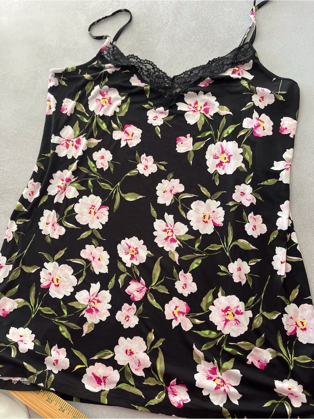 Joyspun Floral Lace Trim Chemise Slip - Black with Pink Floral Size XL